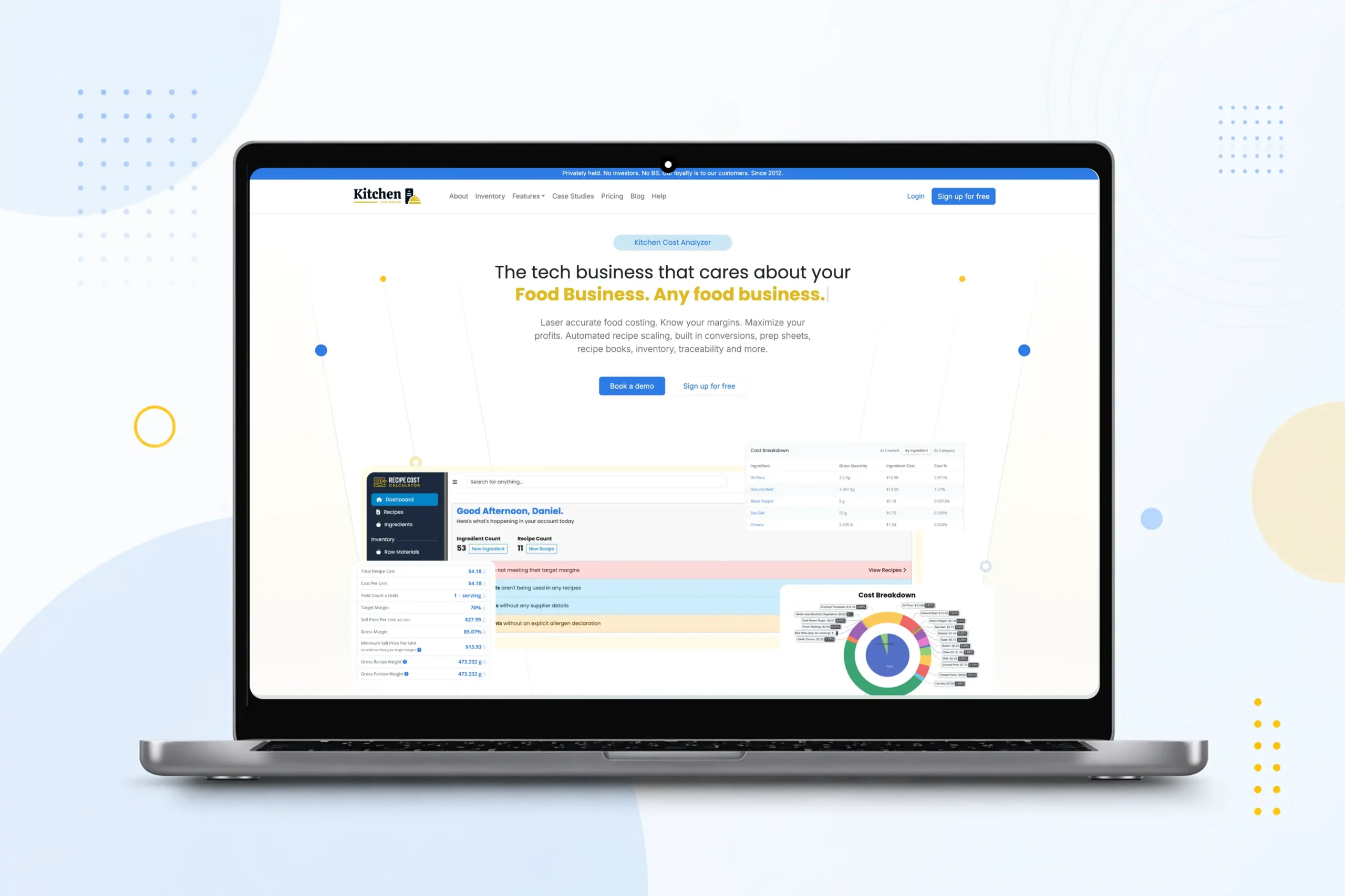 Recipe Cost Calculator dashboard redesign showing ingredient tracking, recipe cost breakdown, and food cost analytics interface